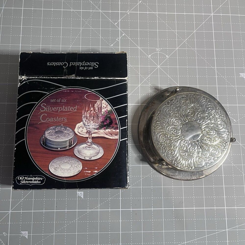 6 Silver Plated Cup Coasters With Holder VTG 1991 International Silver Co NOS